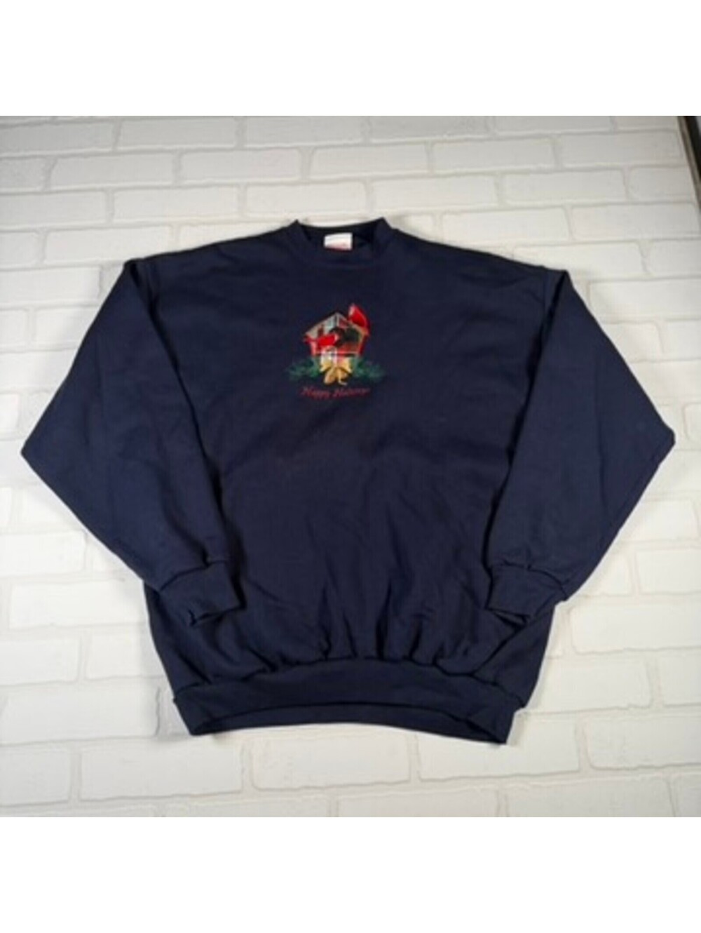Holiday Time Happy Holidays Cardinal Birdhouse Embroidered Sweatshirt XL Blue